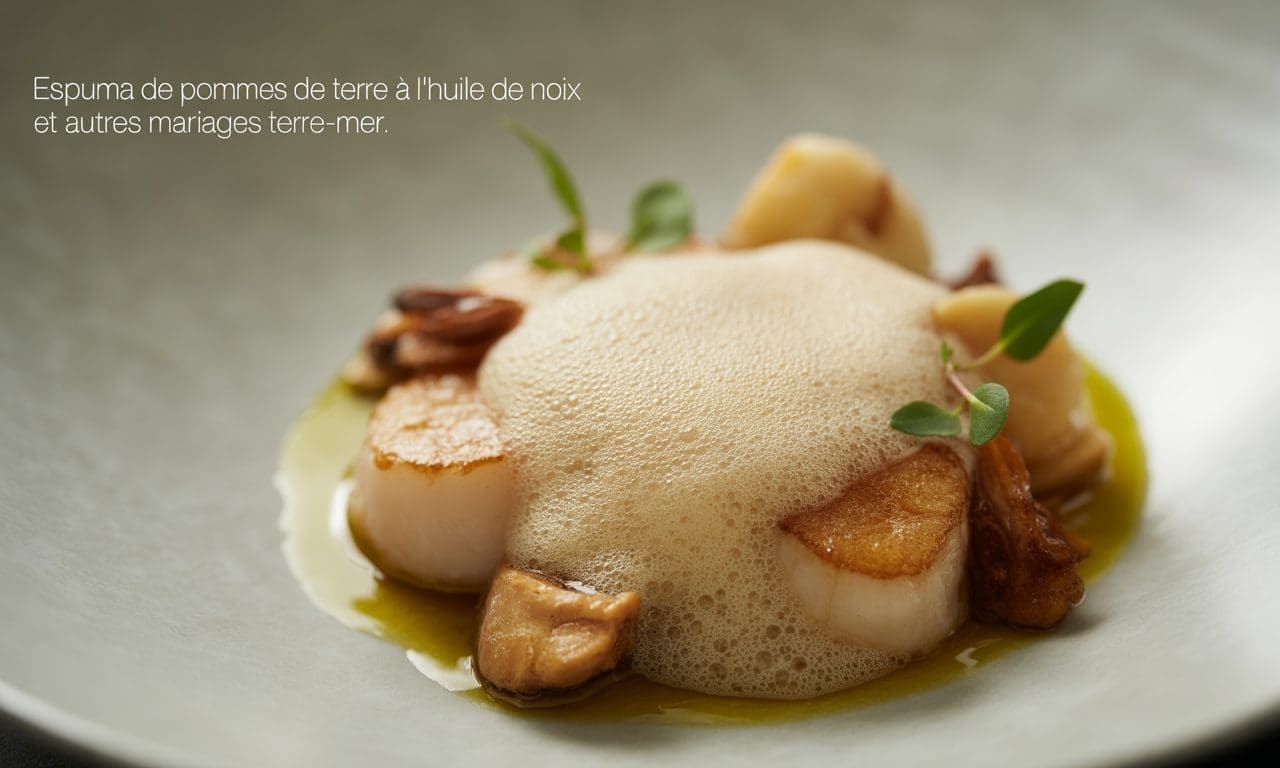 découvrez une espuma légère de pommes de terre à l’huile de noix, sublimée par des mariages terre-mer savoureux et raffinés.