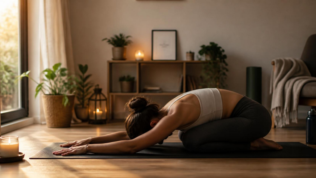 Personne se relaxant après une période intense avec une séance d'étirements au calme