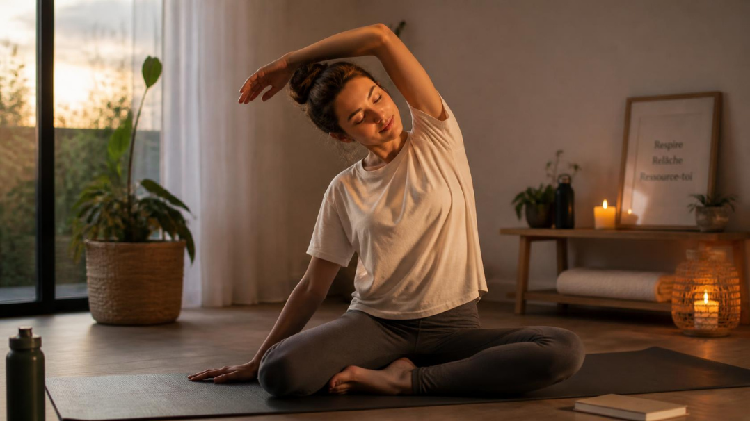 Personne se relaxant après une période intense avec une séance d'étirements au calme