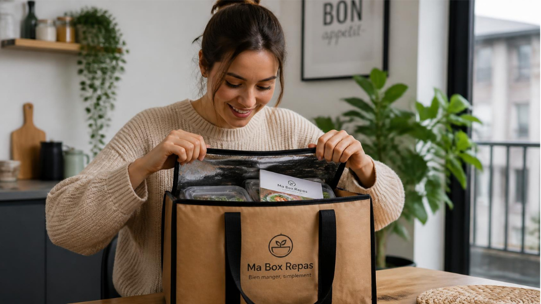 personne qui ouvre son sac d'une box repas livrée à domicile