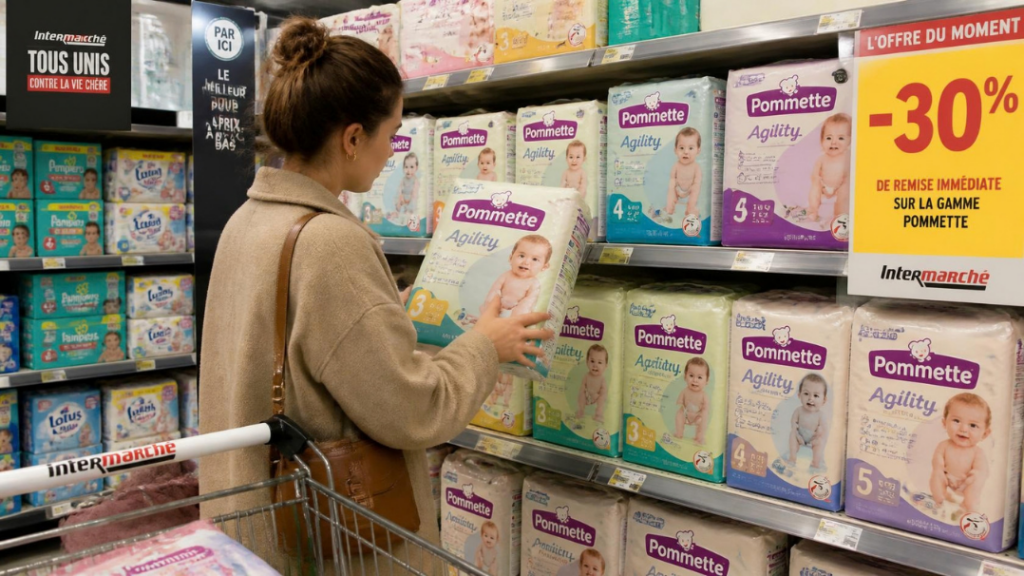 Parent choisissant des couches pour bébé marque pommette en promotion au rayon Intermarché