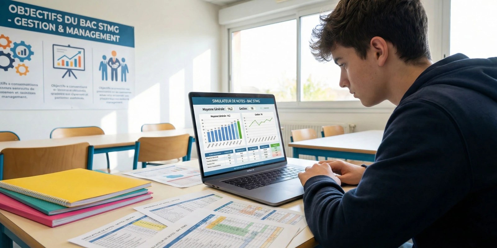Élève utilisant un simulateur bac pour calculer sa moyenne