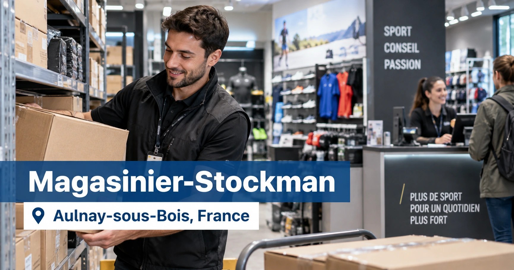 Conseiller de vente Intersport en tenue d'enseigne accueillant un client dans un rayon de magasin de sport